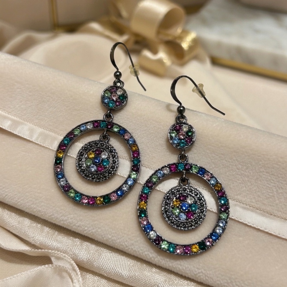 Multicolor Rhinestone Circle Dangle Earrings Gunmetal Tone Statement Drop